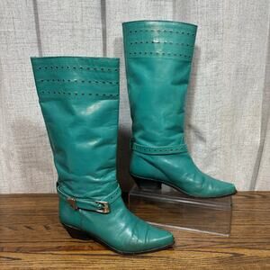 Vintage 70s Glacée Turquoise/Teal Leather Knee High Boots Boho Western Size 7N